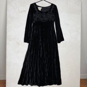 Vtg Max Studio Black Crushed Velvet Soutache Maxi Dress Gothic Witchy Size 4